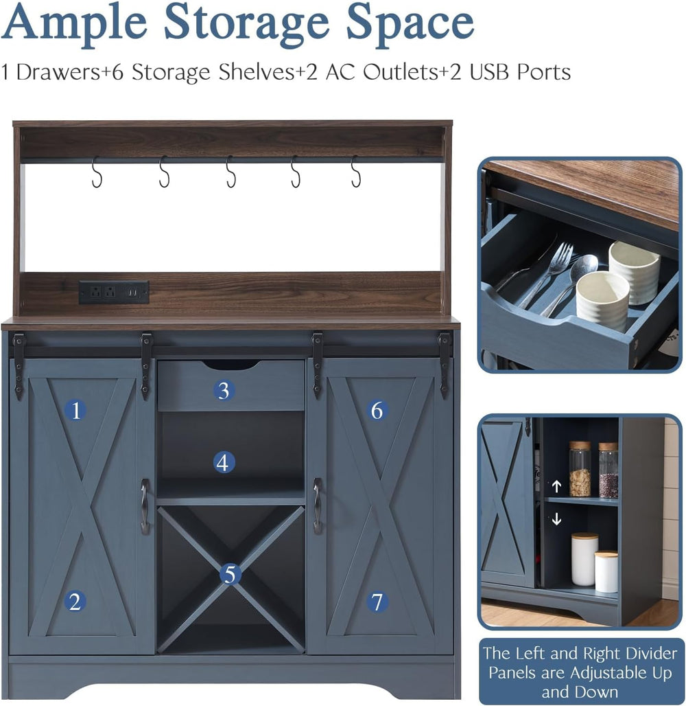 Wnutrees Farmhouse Coffee Bar Cabinet with Charging Station and USB Ports,Sli...