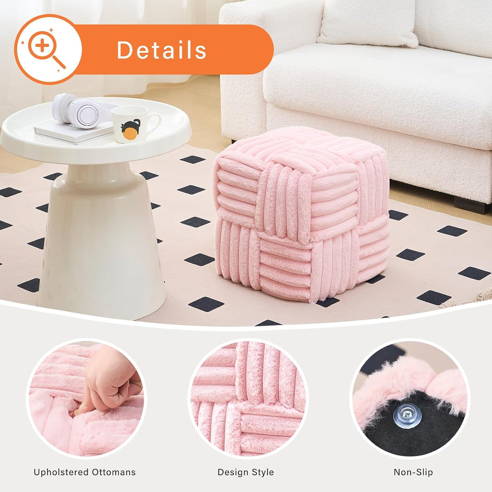 Faux Fur Ottoman Footrest 15.7" Square Vanity Stool, No Assembly Require...