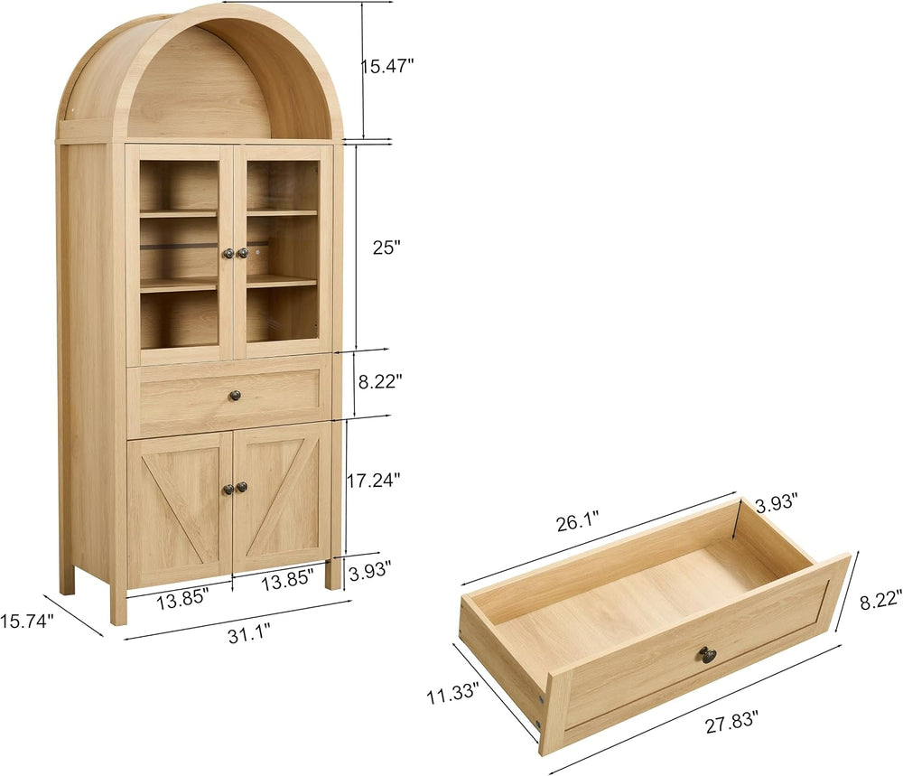 Retro Curved Cabinet, Arched Bookcase with Glass Doors, Natural Wood Display ...