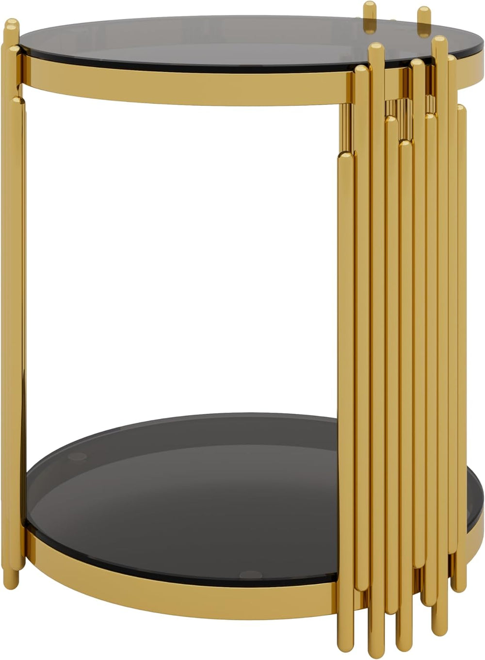 19.8" Round End Table with Gold Finish & Lower Shelf, Modern Black M...