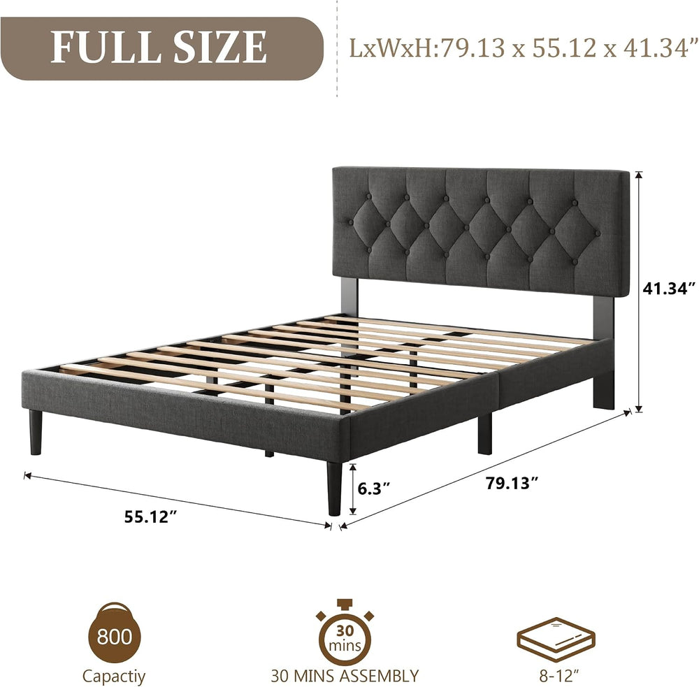 CXVX Full Size Platform Bed Frame with Upholstered Headboard, Button Tufted D...