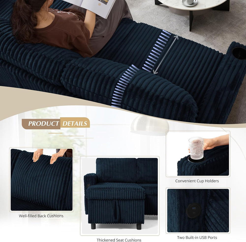 84" Corduroy Pull Out Sofa Bed w/Adjustable Backrests, Blue