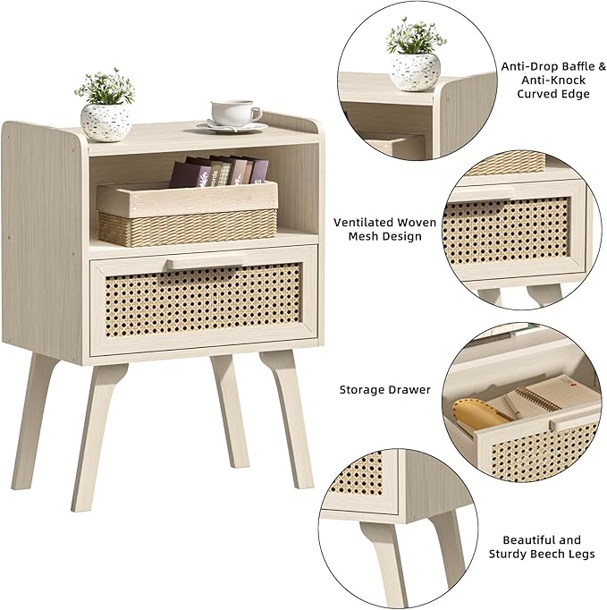 Lerliuo Rattan Nightstands Set of 2, Side Table with Drawer Open Shelf, Cane ...