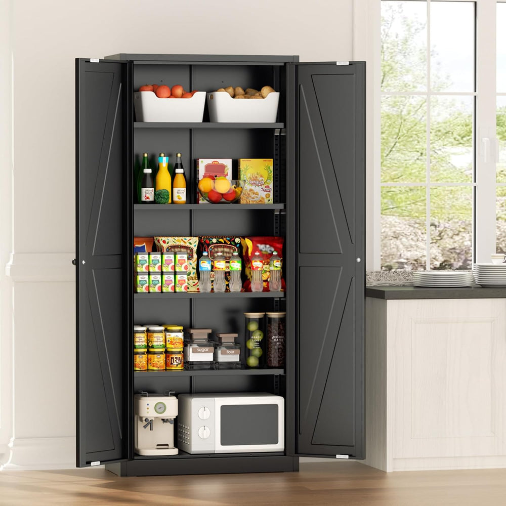 Greenvelly 63" H Black Farmhouse Metal Pantry Cabinet, Kitchen Pantry St...