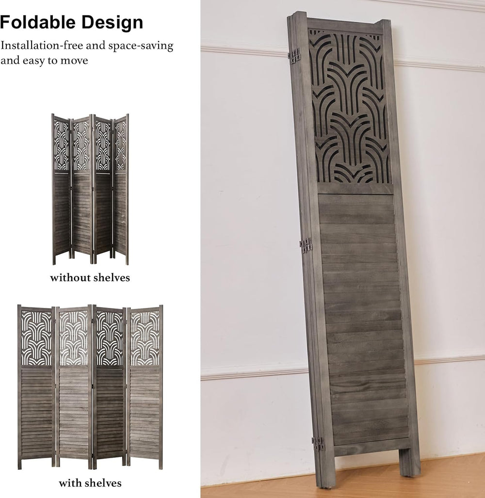 Svimi Folding Room Divider, 66.9 Inch 4 Panels Wood Carved Privacy Screens, F...