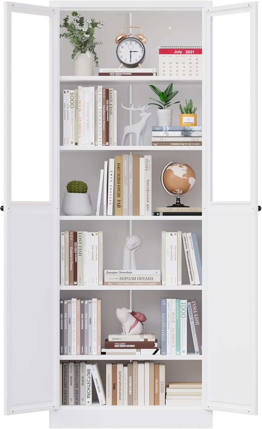 72" White Storage Cabinet Metal Kitchen Pantry Cabinet with Glass Doors ...
