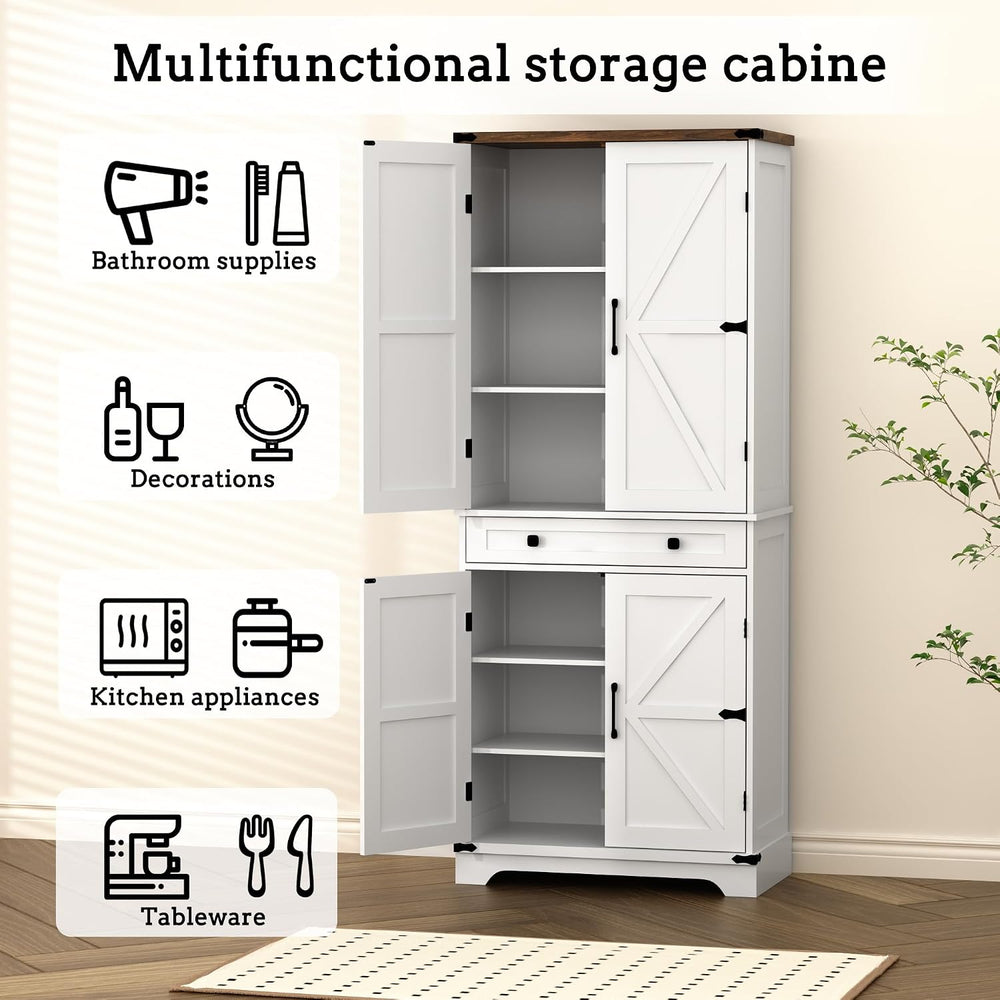 71" Tall Kitchen Pantry Storage Cabinet with Drawer & 4 Barn Doors, ...