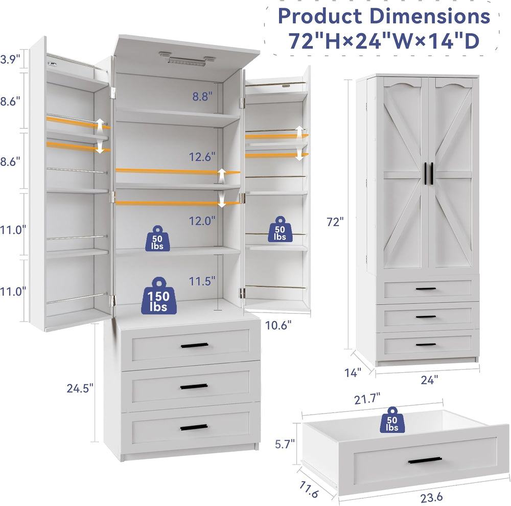 FJTJBSI 72" LED Kitchen Pantry Cabinet with 3 Drawers Farmhouse Tall Sto...