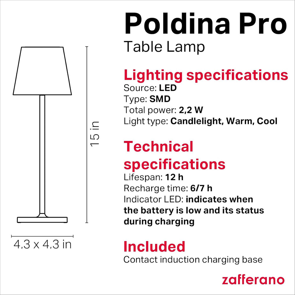 Zafferano, Poldina Pro Lamp, Rechargeable Cordless Table Lamp with Touch Cont...