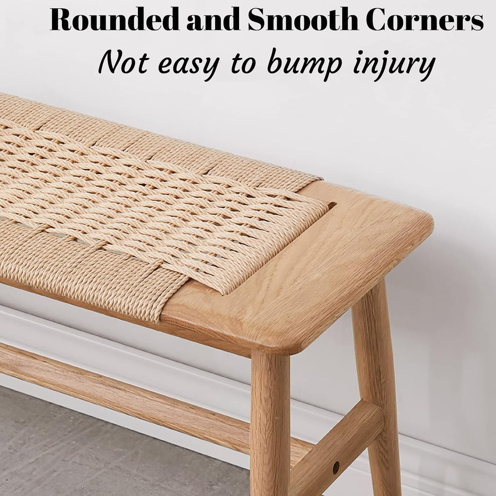 Rattan Wood Bench,100% Solid Oak Dining Bench with Woven Design, Sturdy Morti...