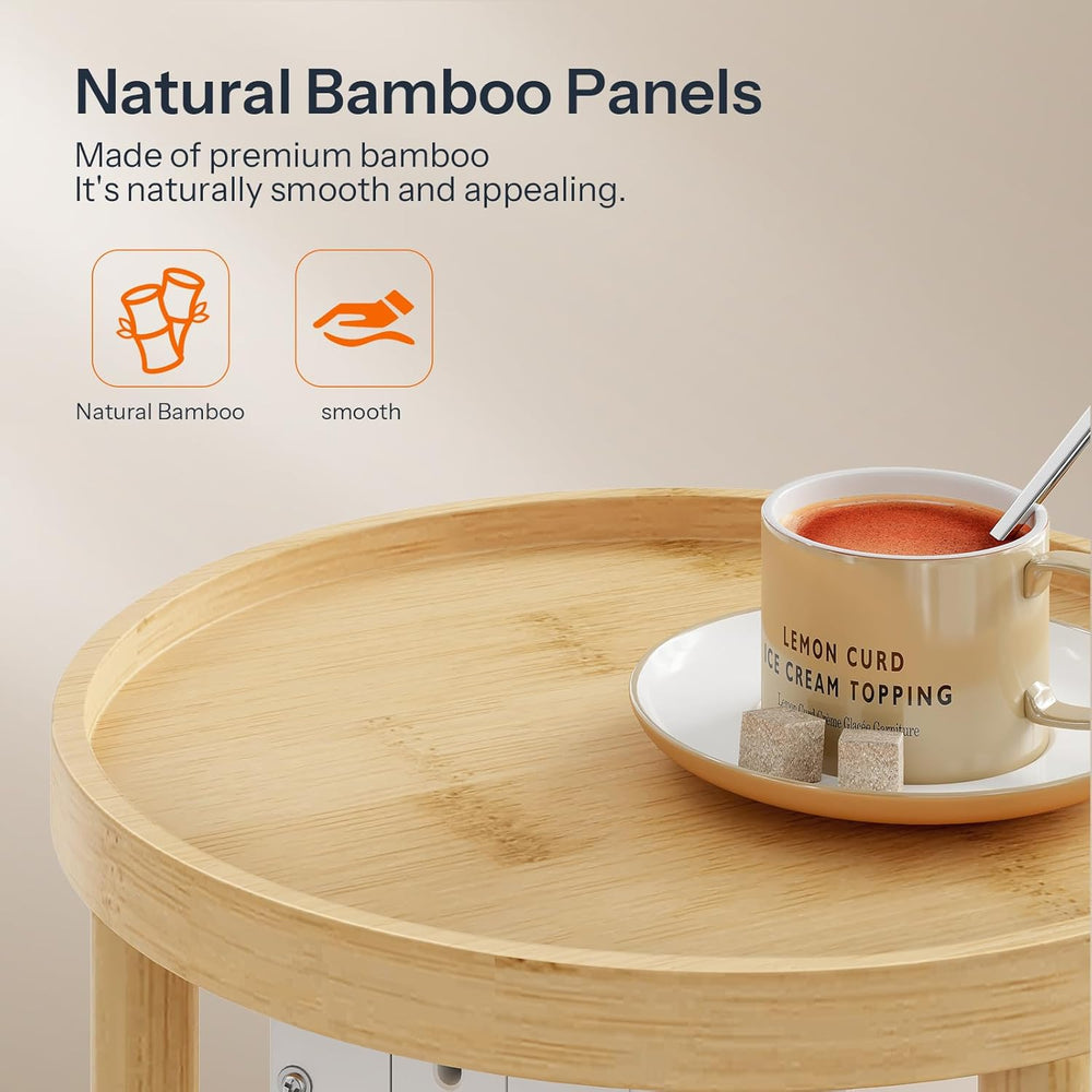 HOOBRO Small Round Side Table with Charging Station, 2-Tier Round Bamboo End ...