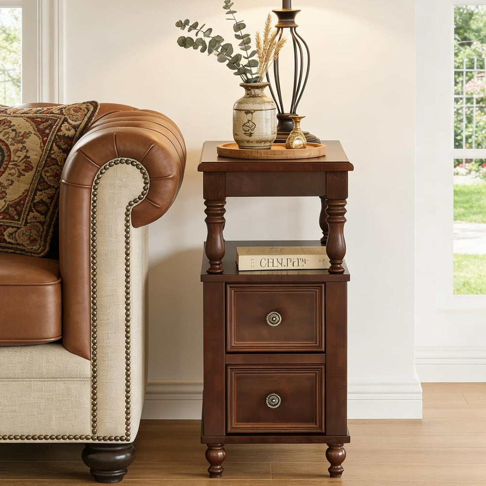 Tribesigns Solid Wood End Table, Vintage Side Table with 2 Drawers & 2-Ti...