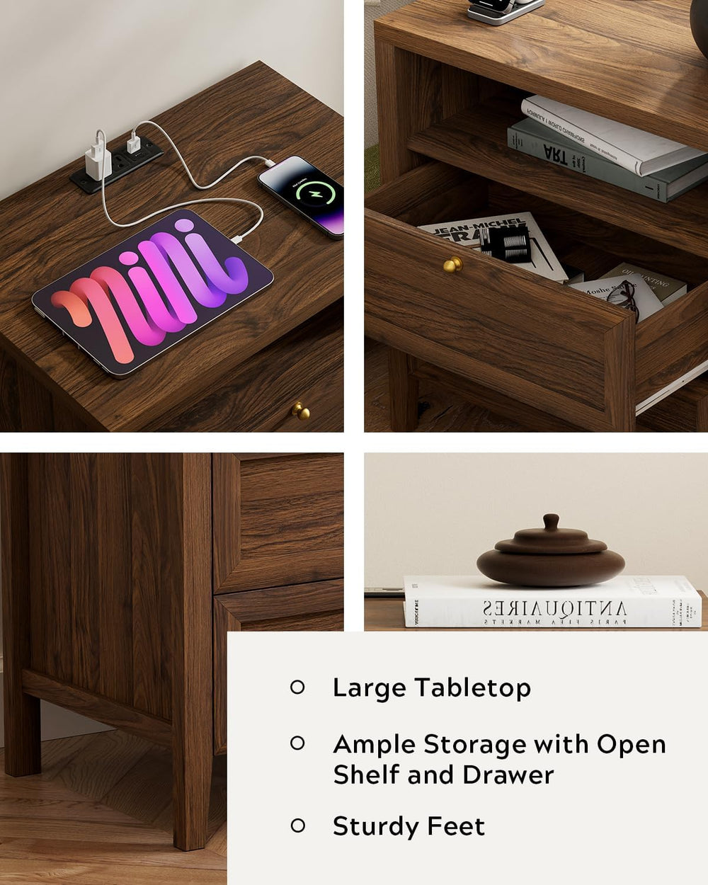 Farmhouse End Table with 2 Drawers Set of 2, Wooden Nightstand with Open Stor...