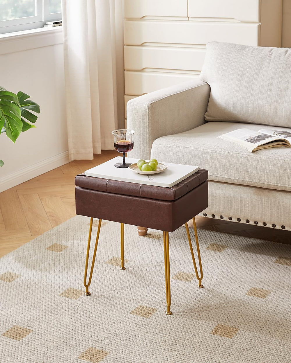 IBUYKE PU Storage Vanity Stool with Flip Tabletop, Ottoman, Brown WBD014Z | M...