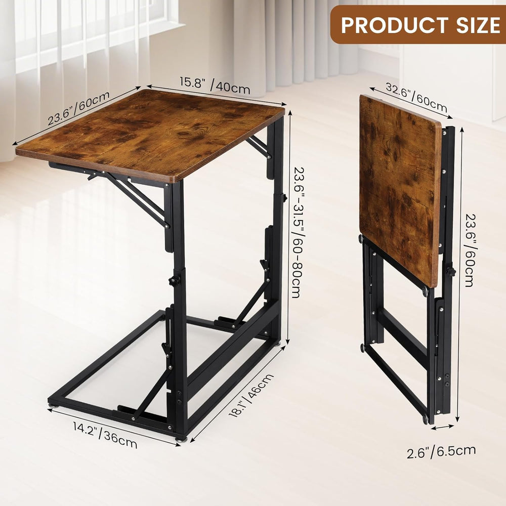 Folding Side Table, Adjustable C-Shaped End Table for Couch, Metal Frame TV T...