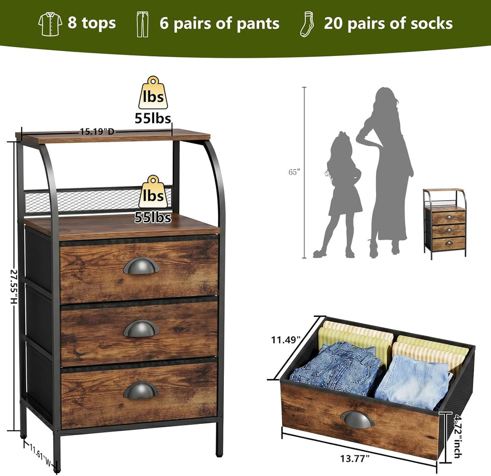 Night Stand Set 2, Tall Nightstand with 3 Fabric Drawers, Bedside Table with ...
