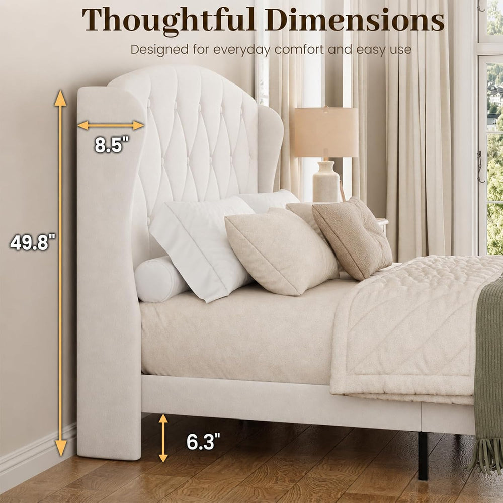 Upholstered Queen Bed Frame, 49.8" Tall Wingback Headboard, White