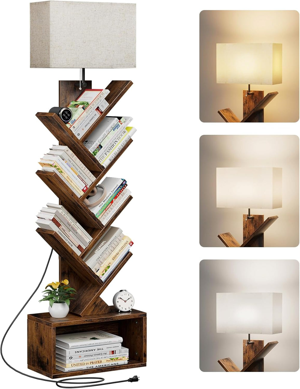 Evermagin 6 Tier Tree Bookshelf with Light, Bookcase, Rustic Brown | Narrow T...