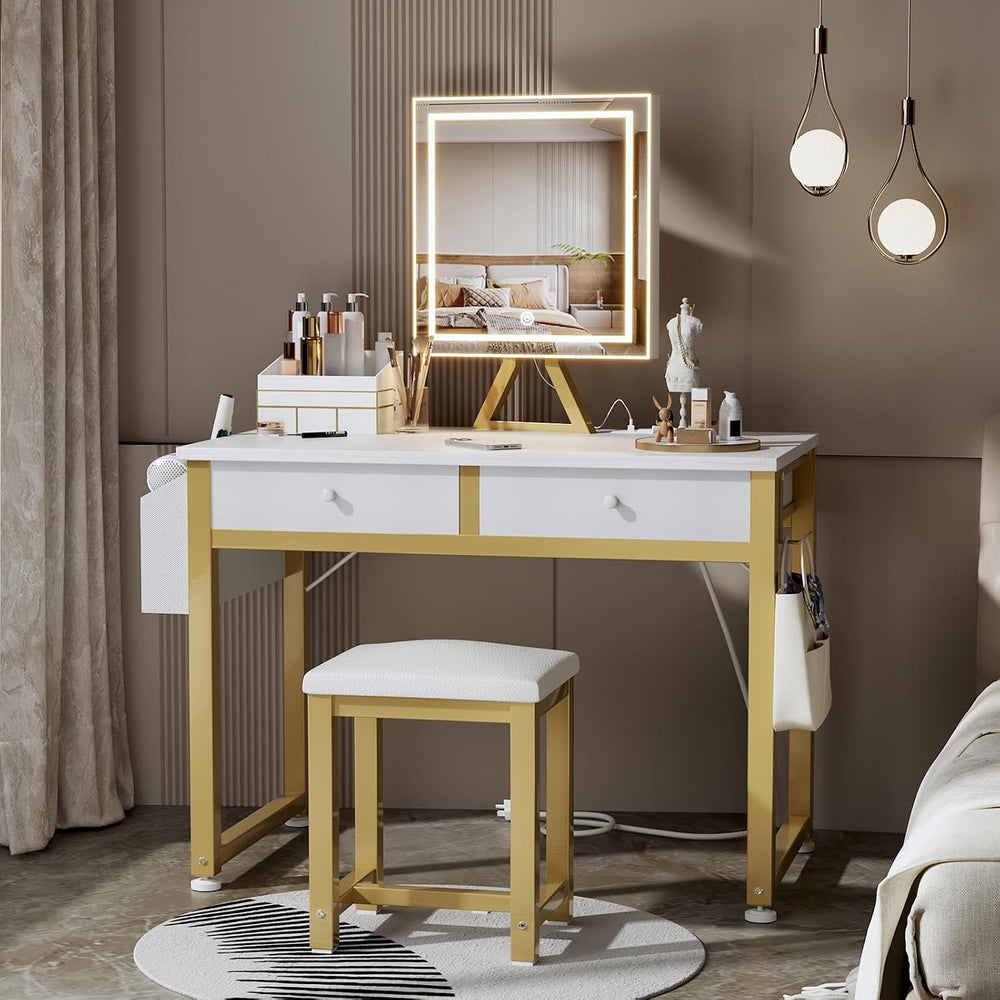 Lufeiya Small Makeup Vanity Desk with Mirror and Light, 32 inch White Vanity ...