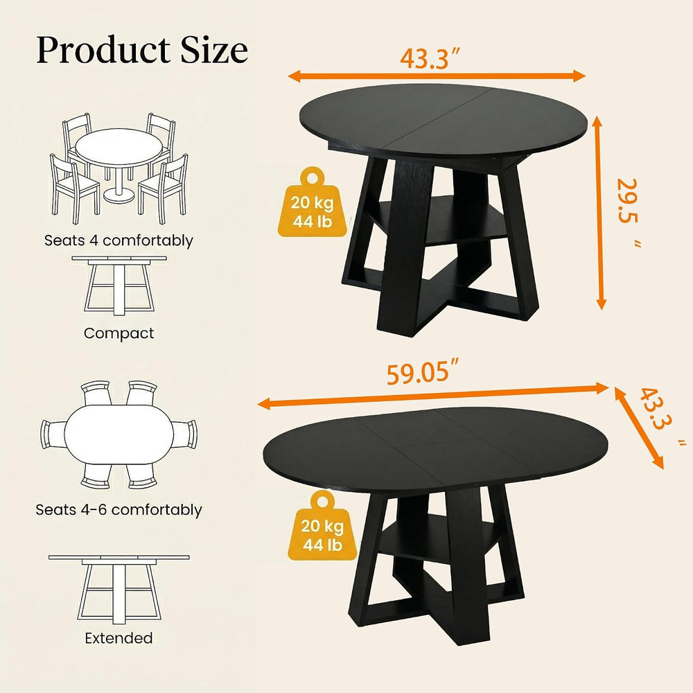 43.3"-59" Round Extendable Dining Table for 4-6 Modern Black Wood K...