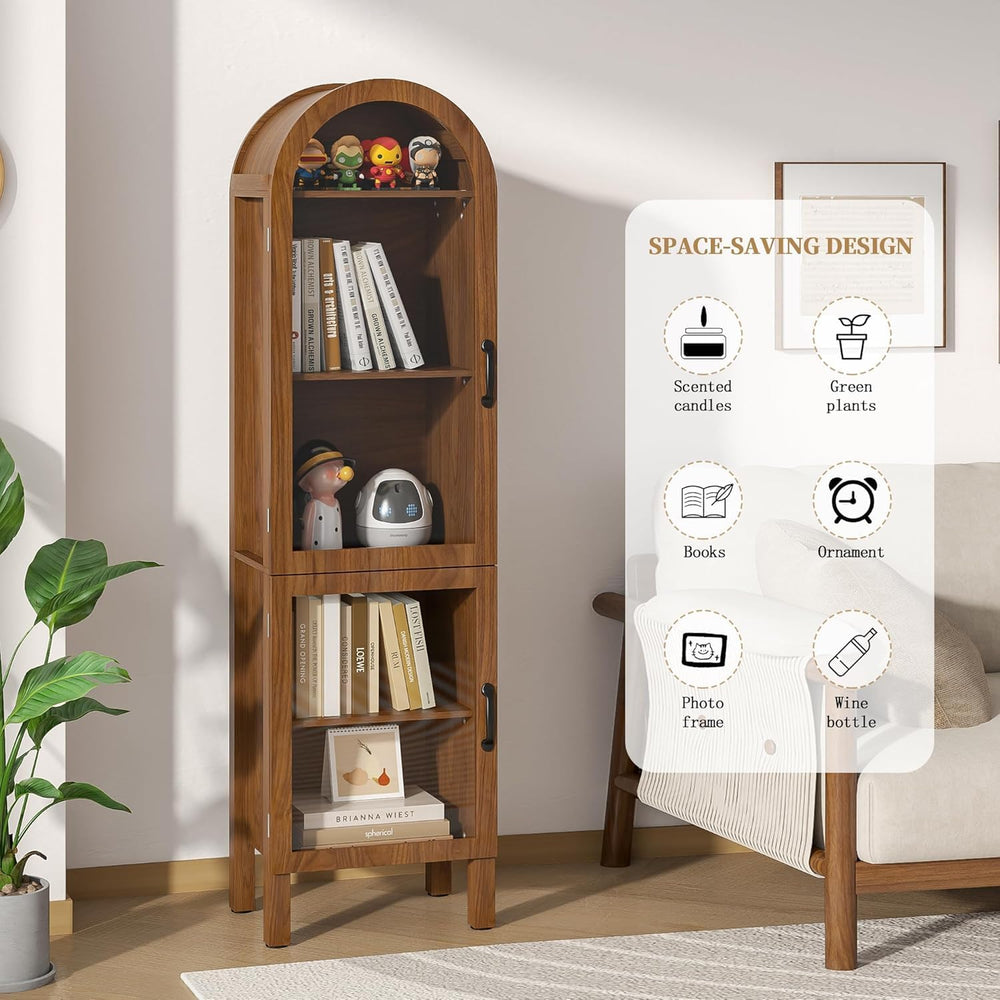 Lxsxlome 64'' Arched Display Cabinet with Acrylic Glass Doors, Walnut