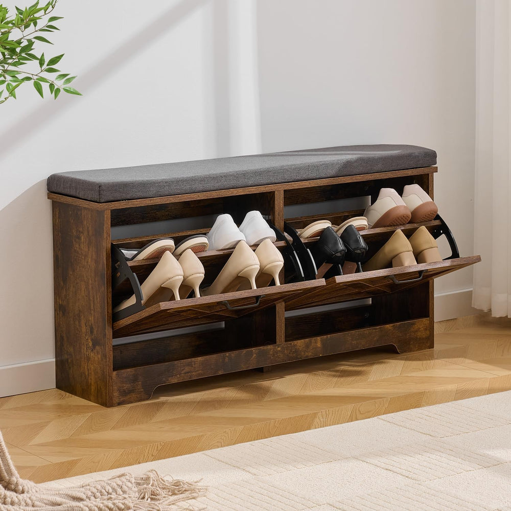 Brown Shoe Storage Bench with 2 Flip Drawers, Entryway Bench with Removable S...