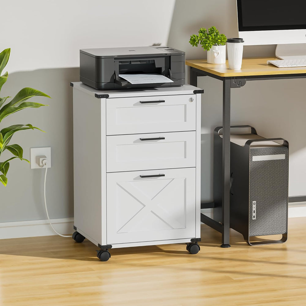 Onelike Small Wood File Cabinet with Charging Station and Lock, 3 Drawers | B...