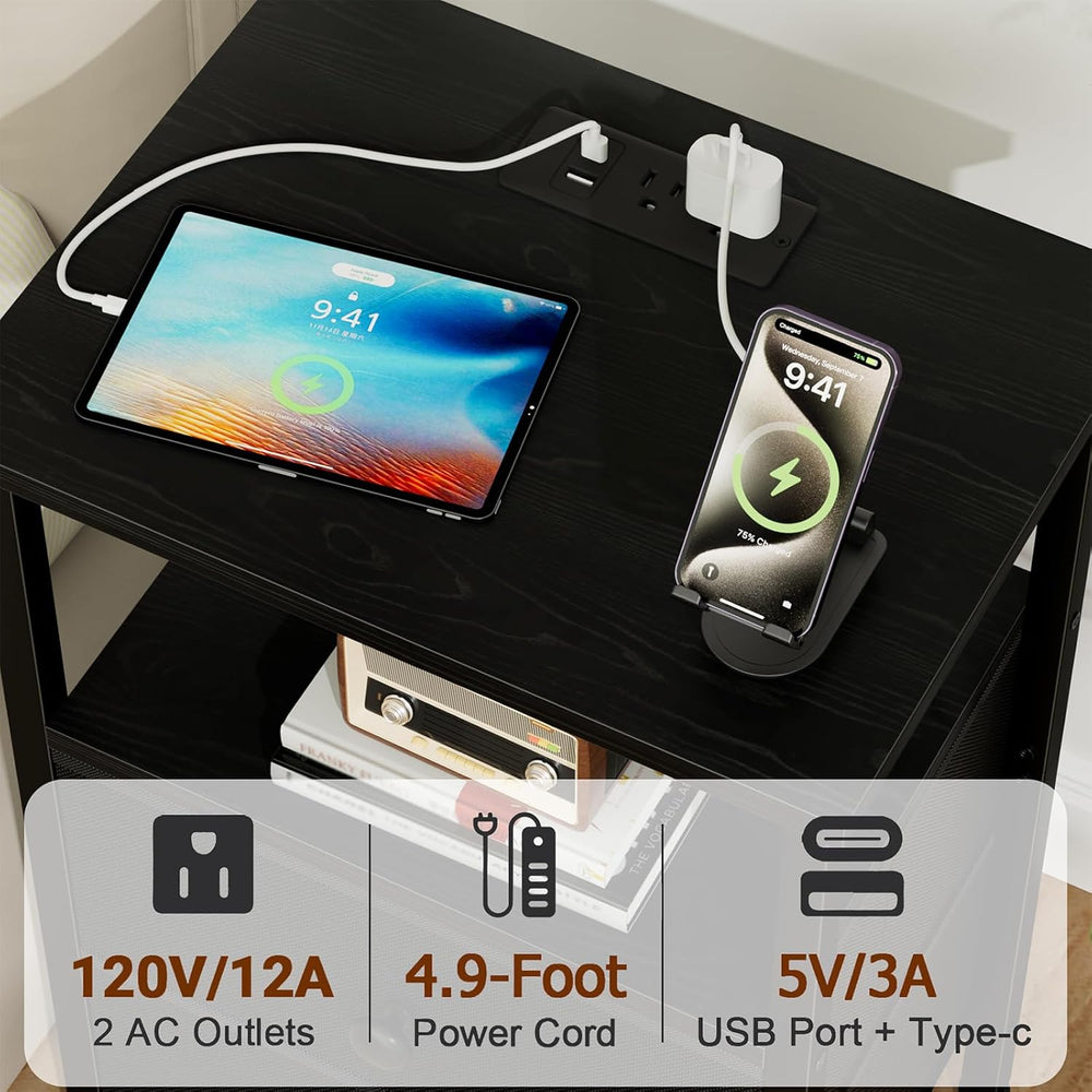 LOAKEKEL Night Stand, Small Nightstand with Charging Station | Bedside Table ...
