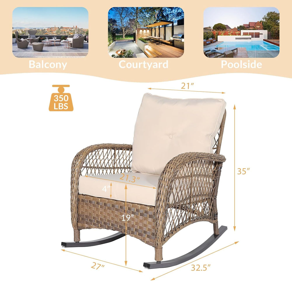 Outdoor Wicker Rocking Chair with Thickened Cushions, All-Weather Rattan Pati...