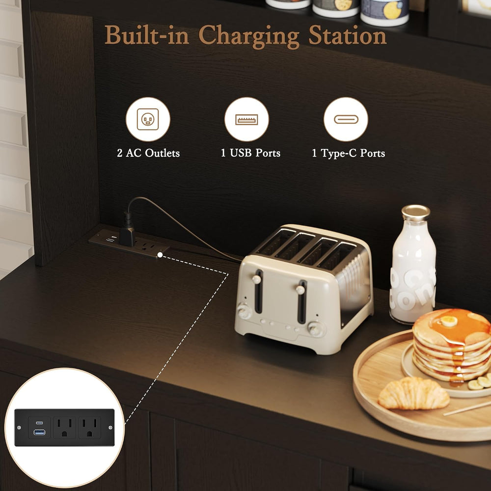 Garvee Kitchen Pantry Cabinet with LED Lights & Charging Station, 71"...