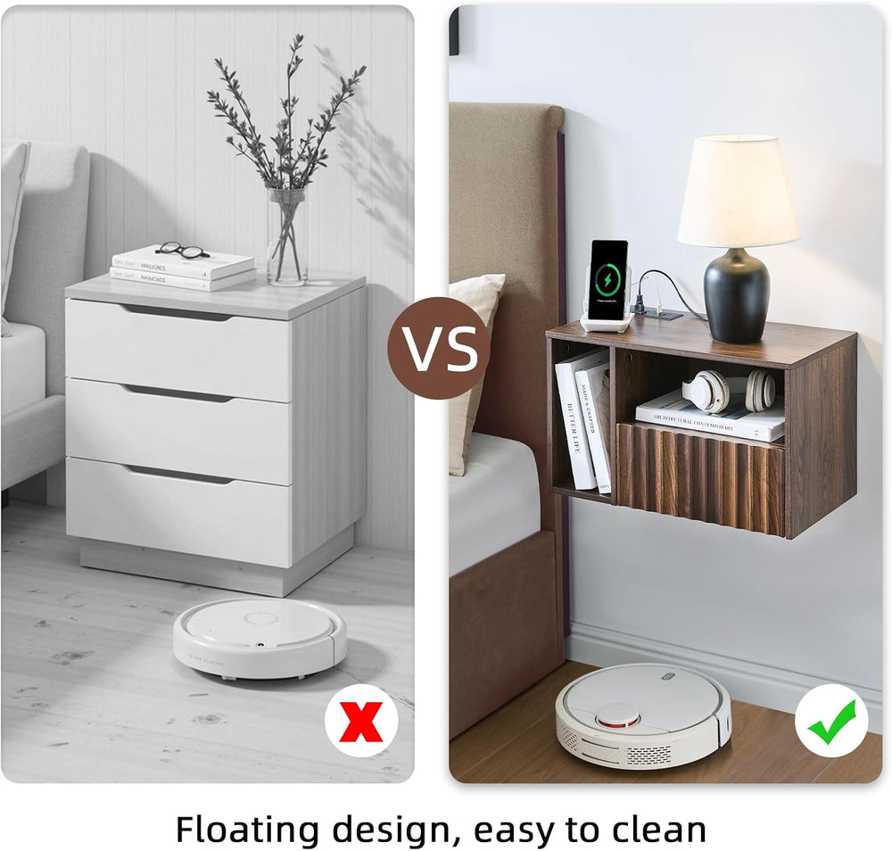 BuildHom Floating Nightstand Set of 2 with Charging Station, Walnut | Wall Mo...