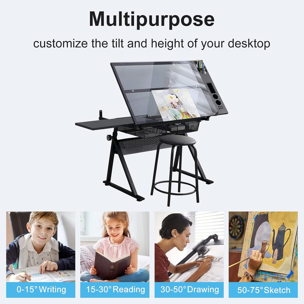Height Adjustable Drafting Tables, Glass Drawing Art Table, Tilting Tabletop ...