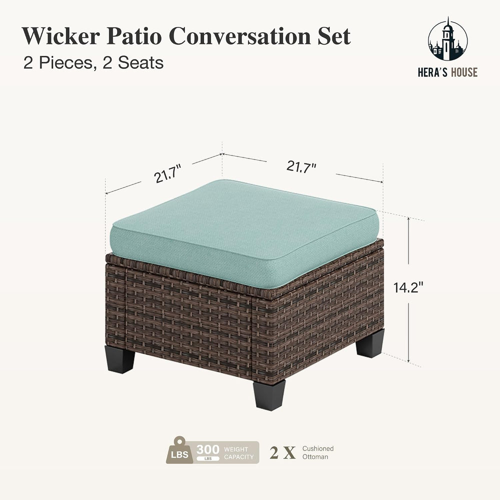 HERA'S HOUSE Outdoor Wicker Ottoman Set of 2, Patio Footstool Footrest Se...
