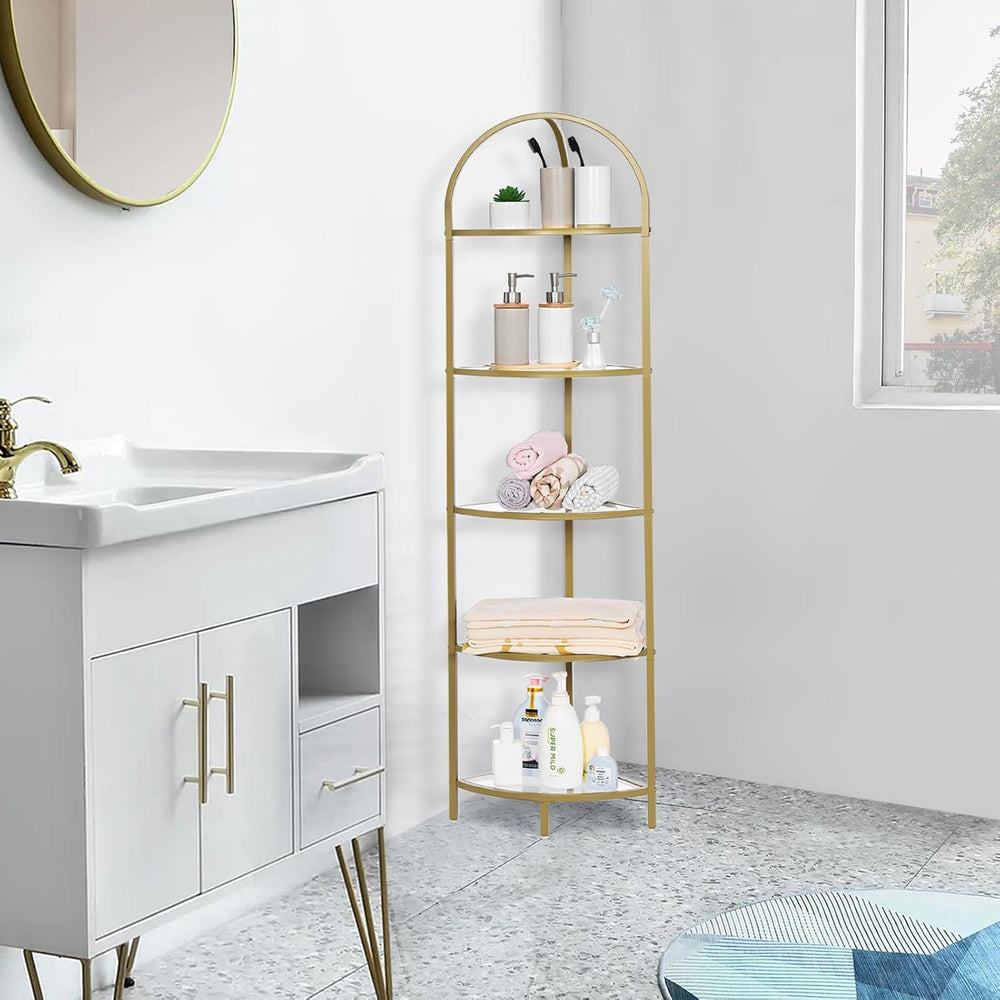 Homhedy 5-Tier Corner Shelf Stand, Metal Corner Bookshelf, Tempered Glass She...
