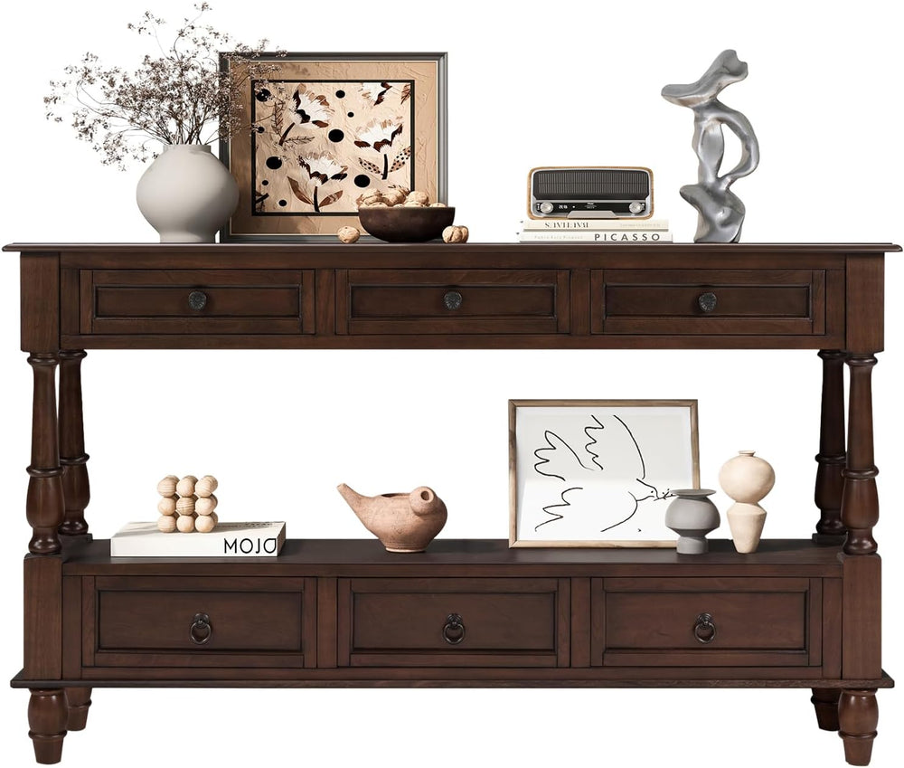 Vintage Solid Wood Console Table with 6 Drawers - 54" Hallway Sofa Table...