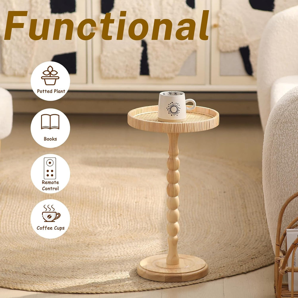 Small Side Table,Rattan Round Drink Tables for Small Spaces, Boho Circle Acce...