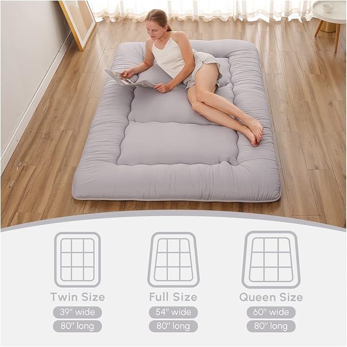 Japanese Floor Mattress, Futon Mattress with Portable Storage Bag and Washabl...