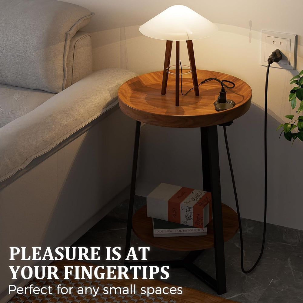 Gadroad Round End Table with Charging Station, Wood Tabletop & Black Meta...