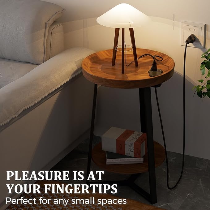 Gadroad Round End Table with Charging Station, USB Ports, Wood Tabletop &...