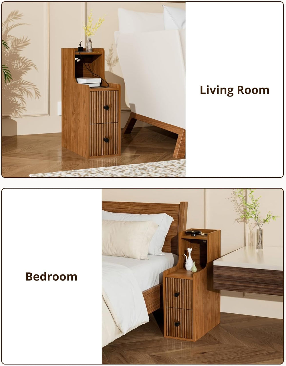 Narrow Side Table with Charging Station, Slim Nightstands with Storage Drawer...