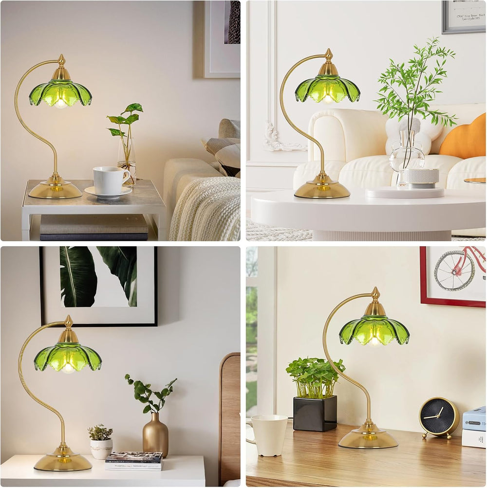 Glass Beside Table Lamp for Bedroom, Plug In Gold Desk Lamp, Vintage Flower N...