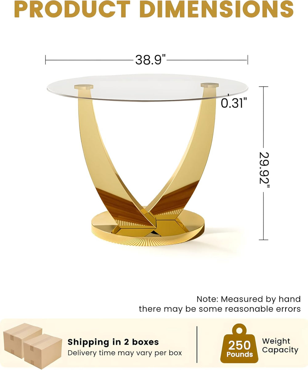 38.9" Round Glass Dining Table for 2-4, Modern Glass Dining Room Table w...