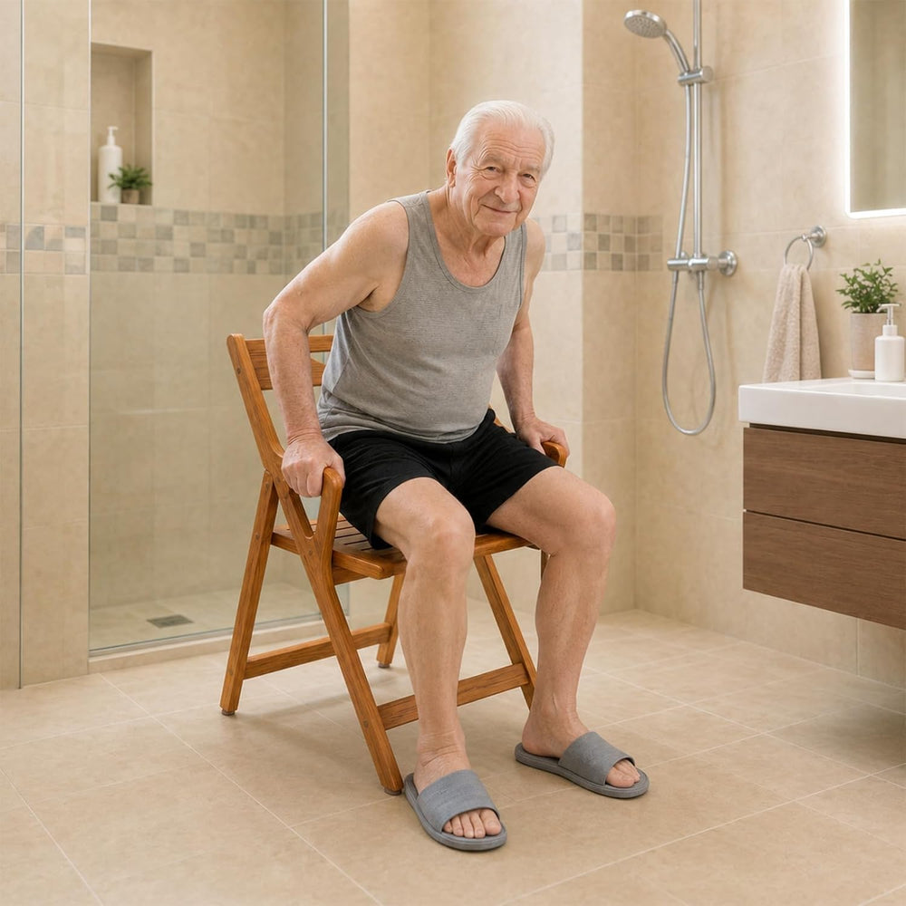 Folding Teak Shower Chair, Back & Armrests, 350lb Nonslip Senior Safety
