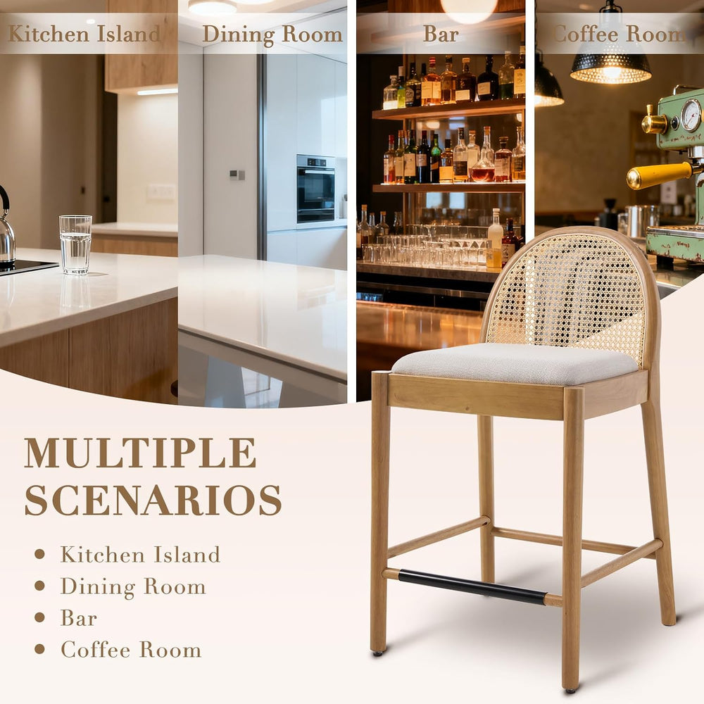 HEAH-YO Rattan Bar Stools Set of 2, 26 Inch Wood Counter Stools with Bakcrest...
