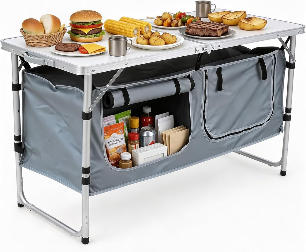 JOUYEK Camping Table, Folding Portable Kitchen Table with Storage Gray