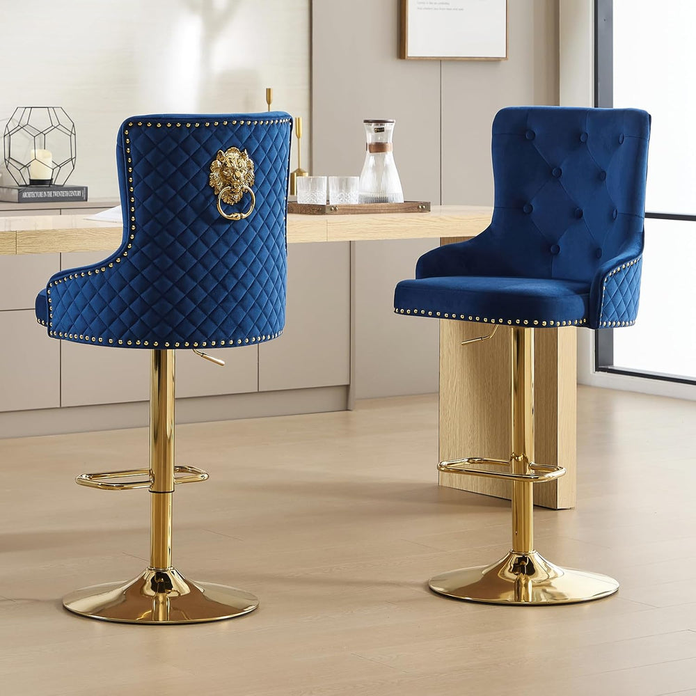 Gold Barstools Set of 4,Velvet Swivel Bar Height Stools with Lion Pull Ring,U...