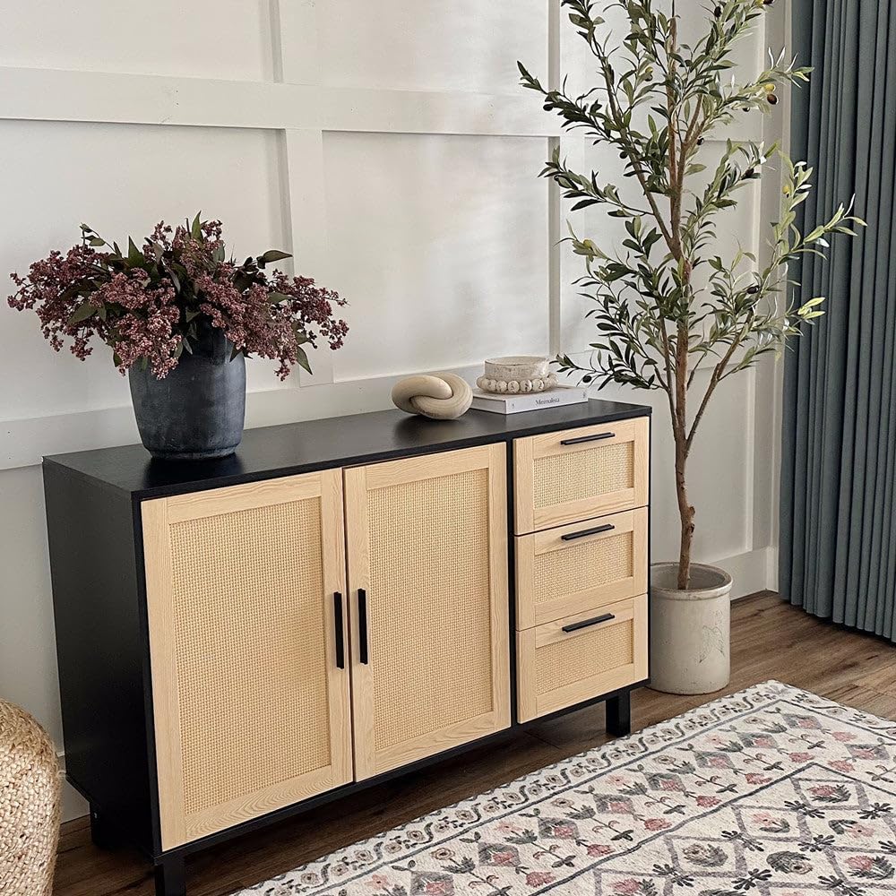 PHI VILLA Black Rattan Cabinet with Doors, Buffet Sideboard Cabinet with Draw...