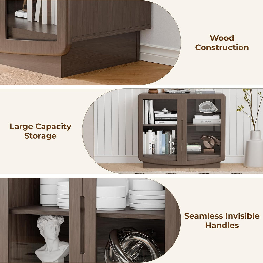 35" Sideboard Buffet Cabinet with Storage, Walnut Glass 2-Door Cabinet w...