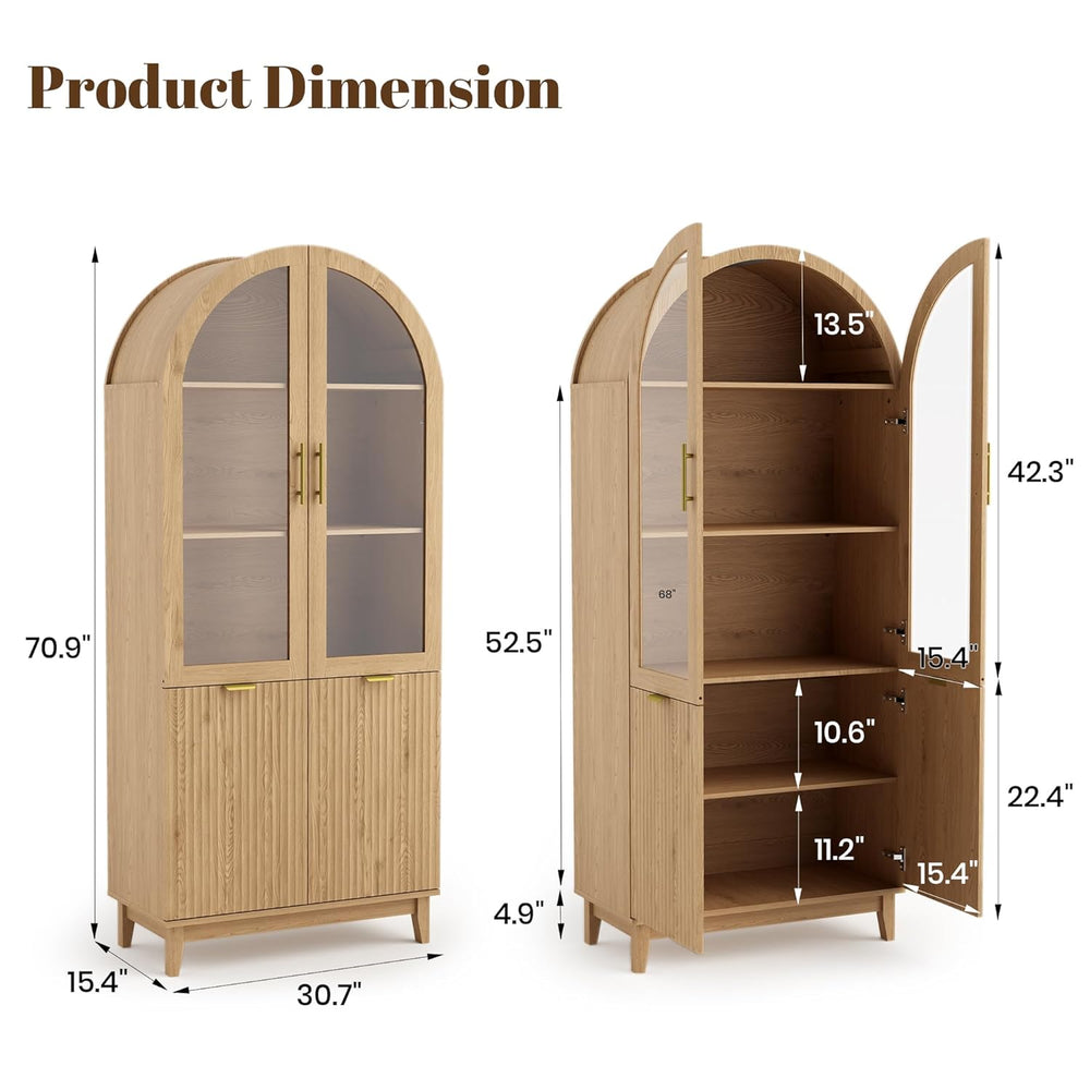 Pamapic 71" Tall Arched Cabinet, Fluted Kitchen Pantry with Glass Doors ...