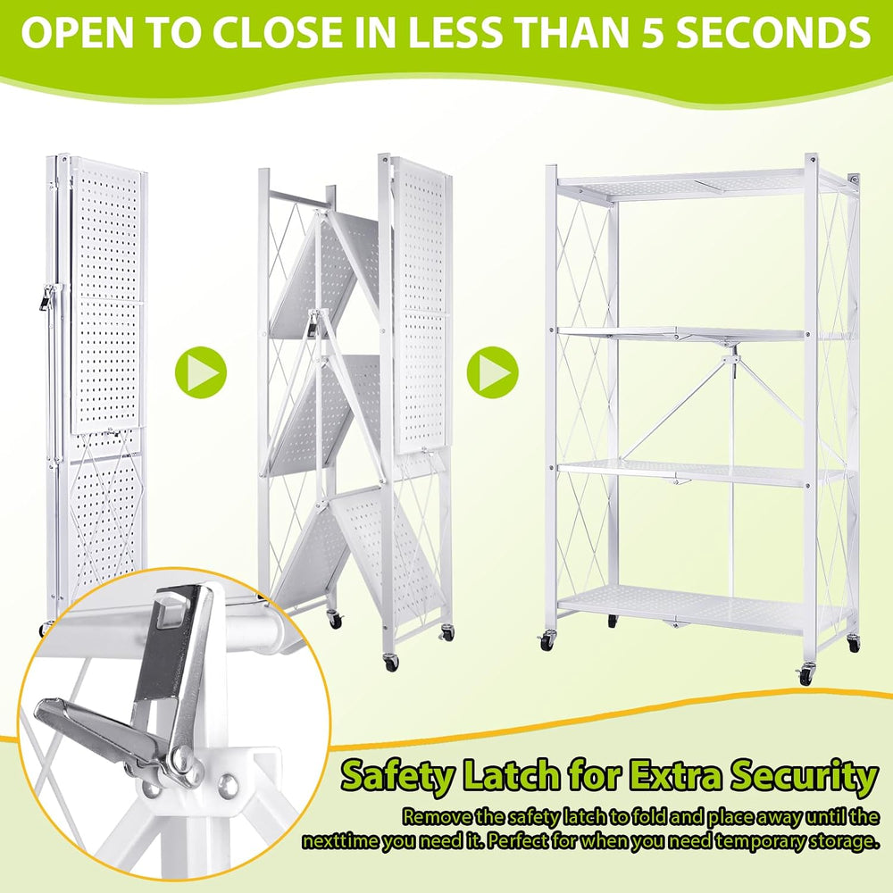 4-Tier Foldable Storage Shelf with Wheels, Metal Collapsible Shelving Unit, H...